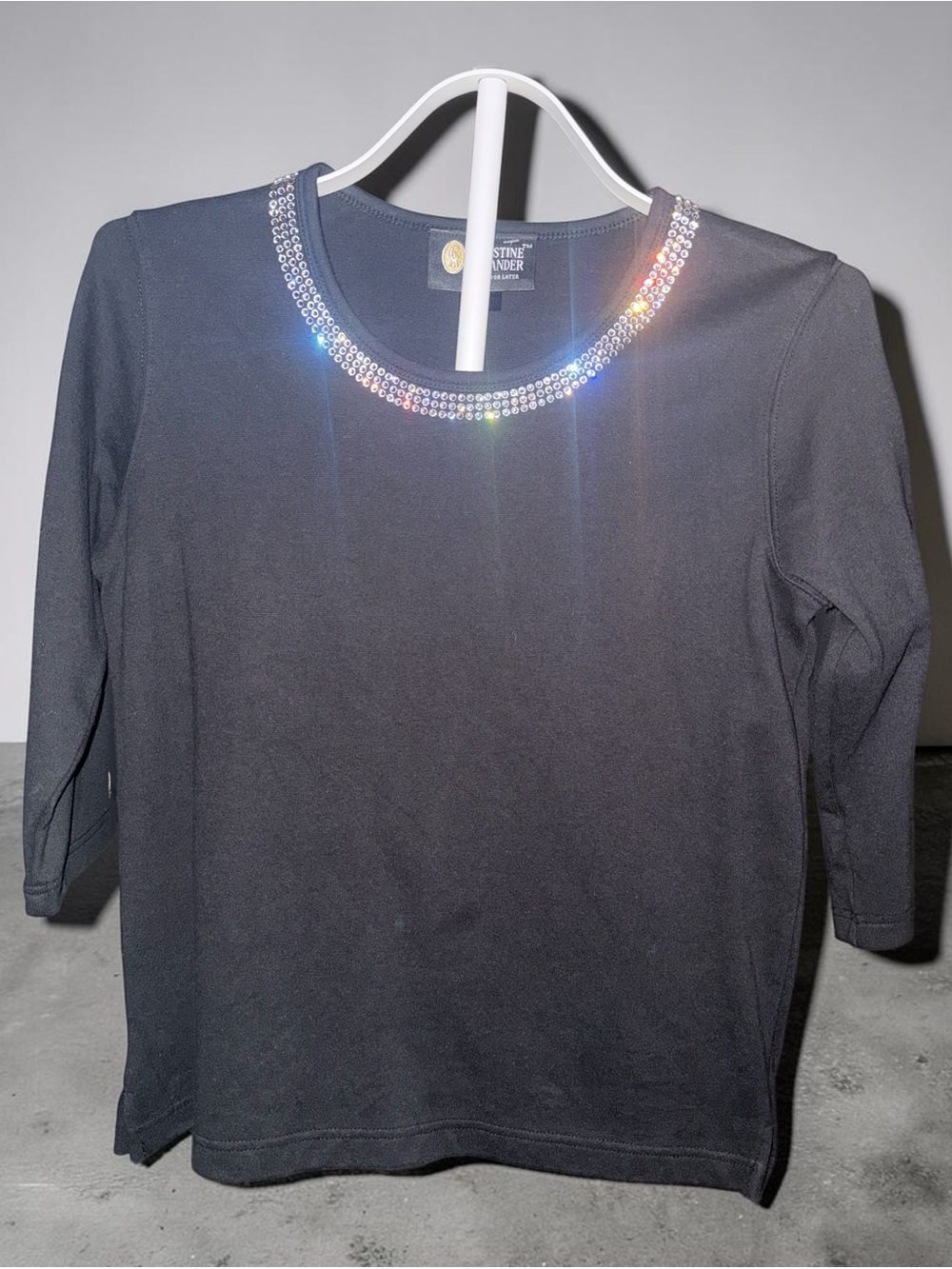 Christine Alexander Black Knit Rhinestone Round Neck 3/4 Sleeve Top - S